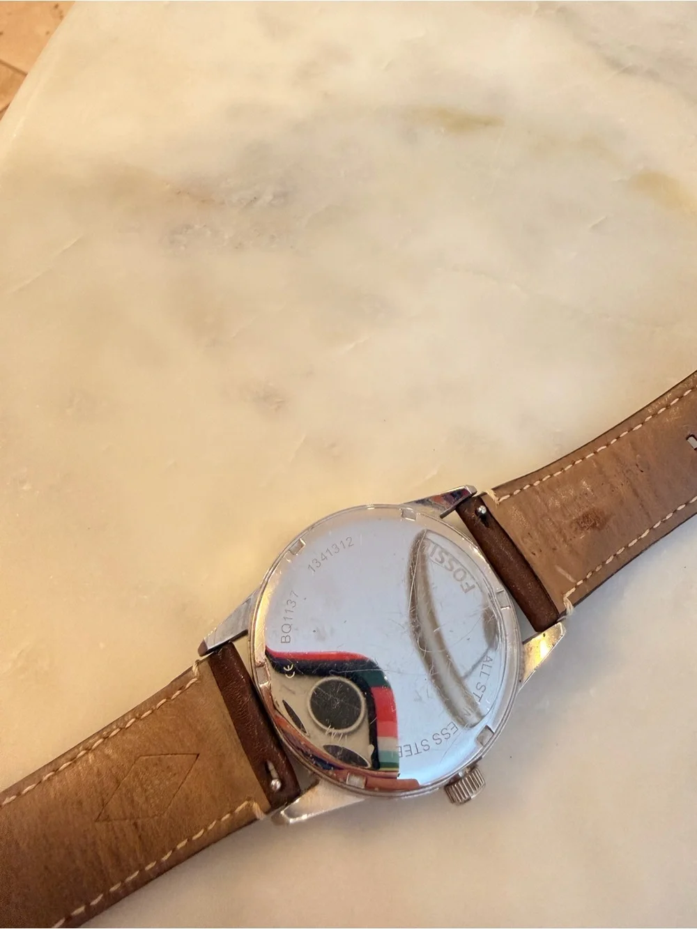 Fossil Men's Silver Dial Watch with Brown Leather Strap